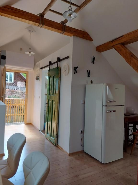 Mansardni apartma z zelenimi drsnimi vrati in retro hladilnikom